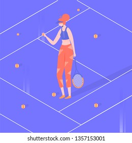 Girl athlete plays tennis on the court. Sports and active hobby, court rental. Trendy vector illustration.