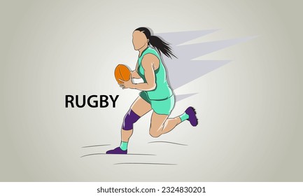 Girl athlete runs with a ball. Women's rugby. Vector illustration.