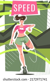 Girl Athlete Runs Fast Path Track. Athletic Teenager with a Beautiful Athletic Figure and Long Developing Hair. Strength and Will to Win. Cartoon Illustration in Flat Style.