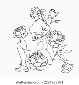 Girl athlete shakes her butt and hips. Floral woman doing sports. A minimalistic logo for a fitness gym