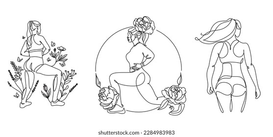 Girl athlete shakes her butt and hips. Floral woman doing sports. A minimalistic logo for a fitness gym