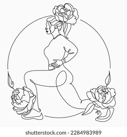 Girl athlete shakes her butt and hips. Floral woman doing sports. A minimalistic logo for a fitness gym