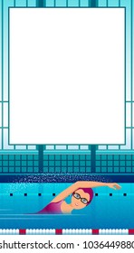 Girl athlete swimmer swims in the indoor pool. The interior of the pool is blue. Vertical arrangement. The form for records and notes. Vector illustration. Flat.