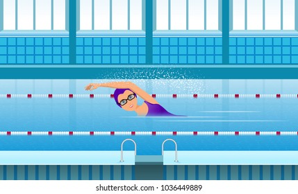 Girl athlete swimmer swims in the indoor pool. The interior of the pool is blue. Horizontal arrangement. Vector illustration. Flat.