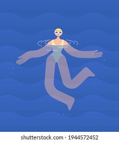 Girl athlete swimmer in a swimsuit and swimming goggles and a cap swim quickly in the pool. Against the background of the wave. Flat bright vector illustration.