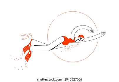 Girl athlete swimmer in a swimsuit and swimming goggles, fins, and a cap swim quickly in the pool. Against the backdrop of bubbles. Flat outline vector illustration.