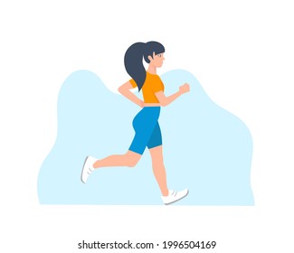 La chica de un físico atlético está trotando. Una chica con pantalones cortos azules y una camiseta amarilla está corriendo. Ilustración plana vectorial.