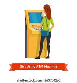 Girl at ATM machine doing deposit or withdrawal. Woman standing. Flat style vector icon.