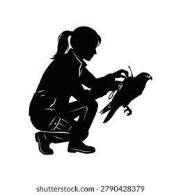 Girl attaching GPS tracker to eagle silhouette vector isolated on white background. Wildlife research black shadow illustration.