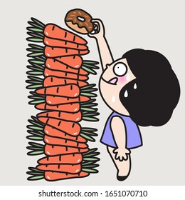 Girl Is Attempt To Pick Up A Piece Of Donut From The Healthy Carrot Tower. Concept Of Sweet Tooth Person Card Character illustration