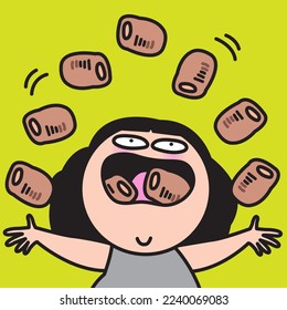 A Girl Attempts To Eat Sausage Rolls While Juggling Them In the Air Concept Card Character illustration
