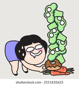 Girl Attempts To Pick Up A Piece Of Donut From The Healthy Carrot And Broccoli Tower Concept Card Character illustration