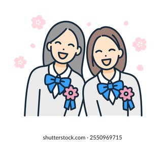 A girl attending the entrance ceremony in April. Vector illustration of a high school girl wearing a corsage on her chest.