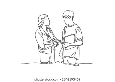 Girl attending lecture in college. University Student Life concept. Single line draw design. Vector graphic illustration