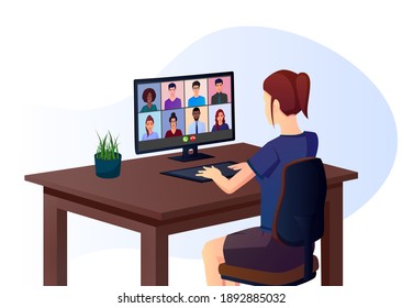 Girl attending online metting through group call Premium Vector
