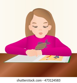 The girl attentively reads the book with illustrations driving a finger on lines. Vector illustration