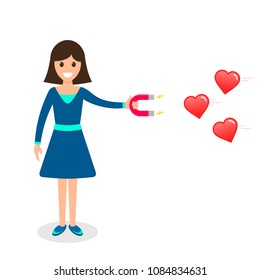 Girl attracting heart likes with magnet flat vector illustration, Social media marketing concept.