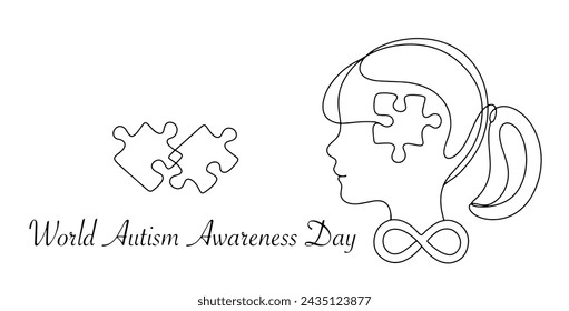 Una chica con autismo. Puzzle e infinito como símbolos del autismo. Día Mundial de Concientización sobre el Autismo. Ilustración vectorial. Imágenes producidas sin el uso de ningún tipo de software de IA en ninguna etapa.