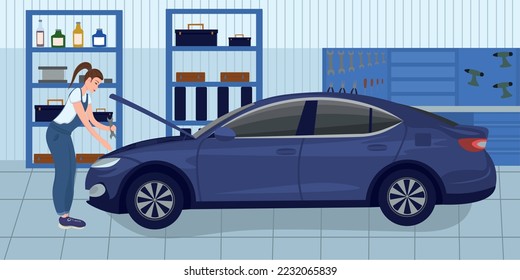 Girl auto mechanic repairs a car in the service. Flat illustration with car side view. Car service tools, shelving in car service.