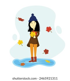 Girl in Autumn with Colorful Fallen Leaves in Hands. Seasons and nature concept vector illustration