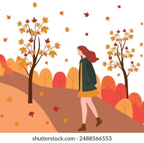 Girl, autumn, colorful trees, leaves, vector, fltl