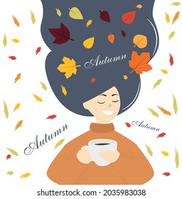 The girl is autumn. Fallen leaves of trees. Leaves in the hair. A cup of hot and aromatic coffee in hands. Happy time of the year