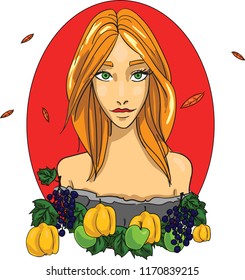 Girl autumn goddess Vector. Beauty woman with quince and grapes on red backgrounds