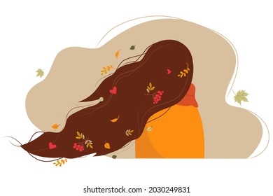 A girl with autumn leaves in developing long hair stands with her back. Vector illustration. Autumn character in flat style for autumn design, decor, posters, print, autumn postcard and advertising
