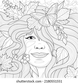 Girl with autumn leaves in her hair.Coloring book antistress for children and adults. Illustration isolated on white background.Zen-tangle style. Hand draw