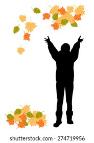 Girl with autumn leaves silhouettes