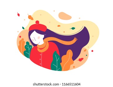 Girl Autumn mood illustration. Autumn concept Vector flat illustration. Fall and pile of leaves on light background.