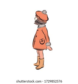 Girl in autumn orange coat. Warm clothes. Stylish cheerful kid for lifestyle design isolated on white background. 