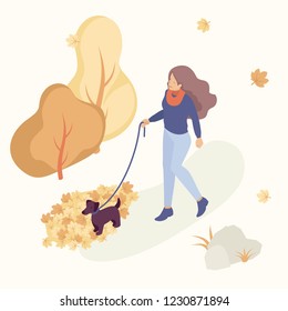 Girl in the autumn park having fun, walking the dog, playing with autumn leaves. Concept for a landing page, web design