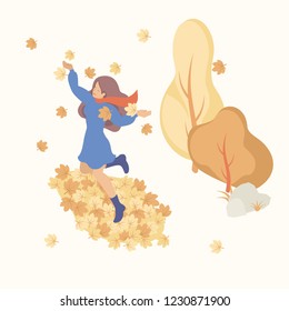 Girl in the autumn park having fun, jumping, playing with autumn leaves. Concept for a landing page, web design