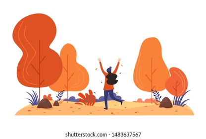 Girl in the autumn park plays with leaves. Autumn background in cartoon flat style. Vector.