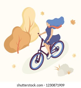 Girl in the autumn park riding bicycle, playing with autumn leaves. Concept for a landing page, web design