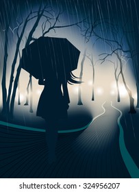 Girl in the autumn rain, Vector illustration