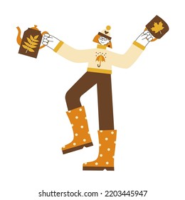 Girl in autumn with teapot and mug. Cozy fall hugge with coffee concept. Happy person in yellow orange brown colors with seasonal symbols vector flat illustration.