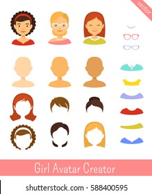 Girl avatar creator. Woman avatar character creation set. Icons with different types of faces, emotions, clothes. Female vector icons