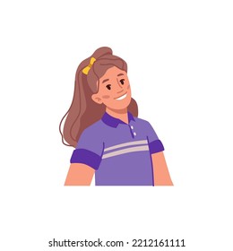 Girl avatar or portrait, isolated smiling and positive female character. Preteen or young teenager with smile on face, positive kid. Vector in flat cartoon style