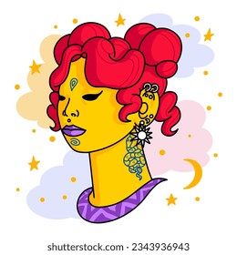 Girl avatar. Red hair Woman Portrait with star shape earrings, snake tattoo, piercing. Spiritual, mystical, serene young yoga teacher. Inner peace and self discovery. Vector flat illustration