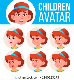 Girl Avatar Set Kid Vector. Kindergarten. Face Emotions. Emotional, Facial, People. Fun, Cheerful. Advertisement, Greeting. Cartoon Head Illustration
