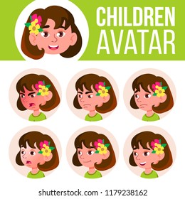 Girl Avatar Set Kid Vector. Kindergarten. Face Emotions. Cartoon, Comic, Flat. Little, Cute, Comic. Postcard, Announcement. Cartoon Head Illustration