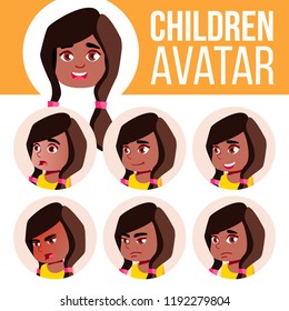 Girl Avatar Set Kid Vector. Black. Afro American. Kindergarten. Face Emotions. Preschool, Baby, Expression. Birth, Life, Emotional. Print, Invitation. Cartoon Head Illustration
