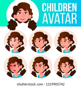 Girl Avatar Set Kid Vector. Primary School. Face Emotions. Facial, People. Cheer, Pretty. Card, Advert. Cartoon Head Illustration