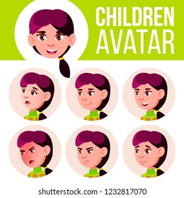 Girl Avatar Set Kid Vector. High School. Face Emotions. Children. Beautiful, Funny. Cartoon Head Illustration