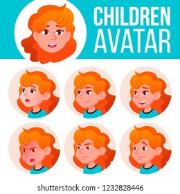 Girl Avatar Set Kid Vector. Primary School. Red Head. Face Emotions. School Student. Kiddy, Birth. Advertisement, Greeting.  Cartoon Head Illustration
