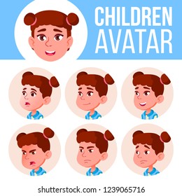 Girl Avatar Set Kid Vector. Primary School. Face Emotions. Children, Young People. Childish, Happiness Enjoyment.  Cartoon Head Illustration
