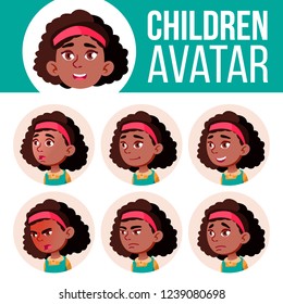 Girl Avatar Set Kid Vector. Black. Afro American. Primary School. Face Emotions. Kid, Child. Beautiful, Funny. Leaflet, Booklet. Cartoon Head Illustration
