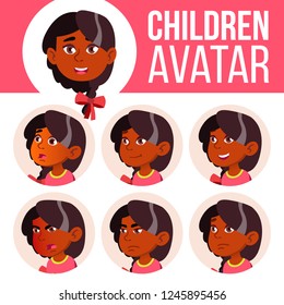 Girl Avatar Set Kid Vector. Kindergarten. Indian, Hindu. Asian. Face Emotions. Happy Childhood, Positive person, small sister. Smile, Beautiful, Funny. Banner, Flyer. Cartoon Head Illustration

